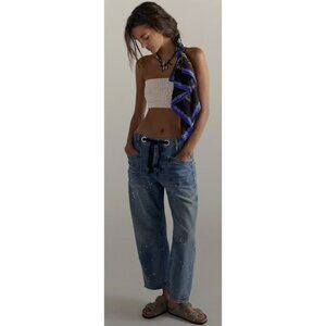 FREE PEOPLE WE THE FREE Moxie Low Slung Pull On Barrel Jeans Timeless Blue 32